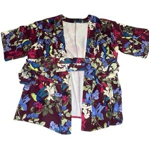 Eloquii Rich Jewel Tone Plum Purple Floral Bird Faux Silk Open Front Kimono EUC